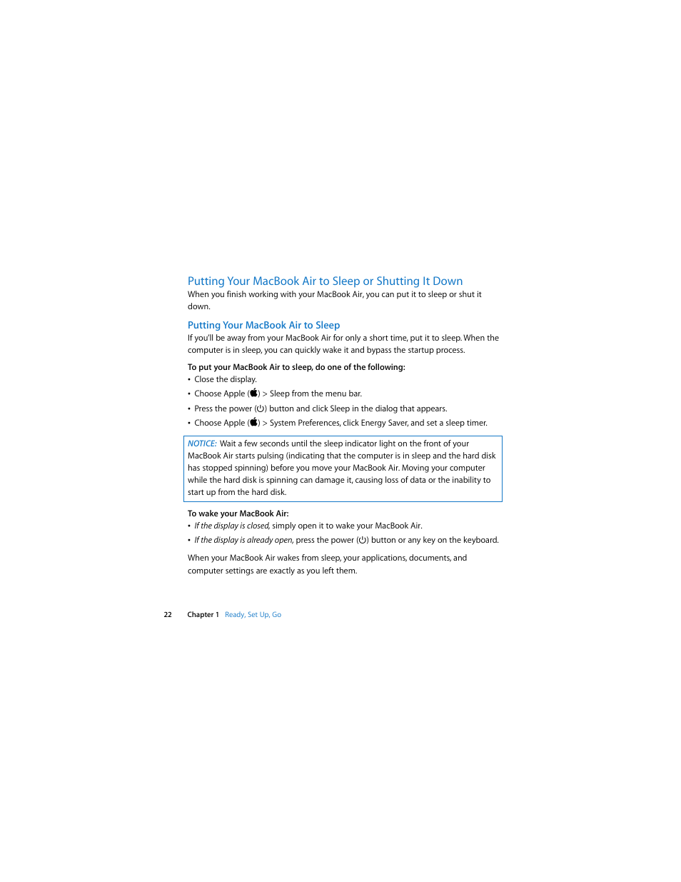 Putting your macbookair to sleep | Apple MacBook Air User Manual | Page 22 / 76
