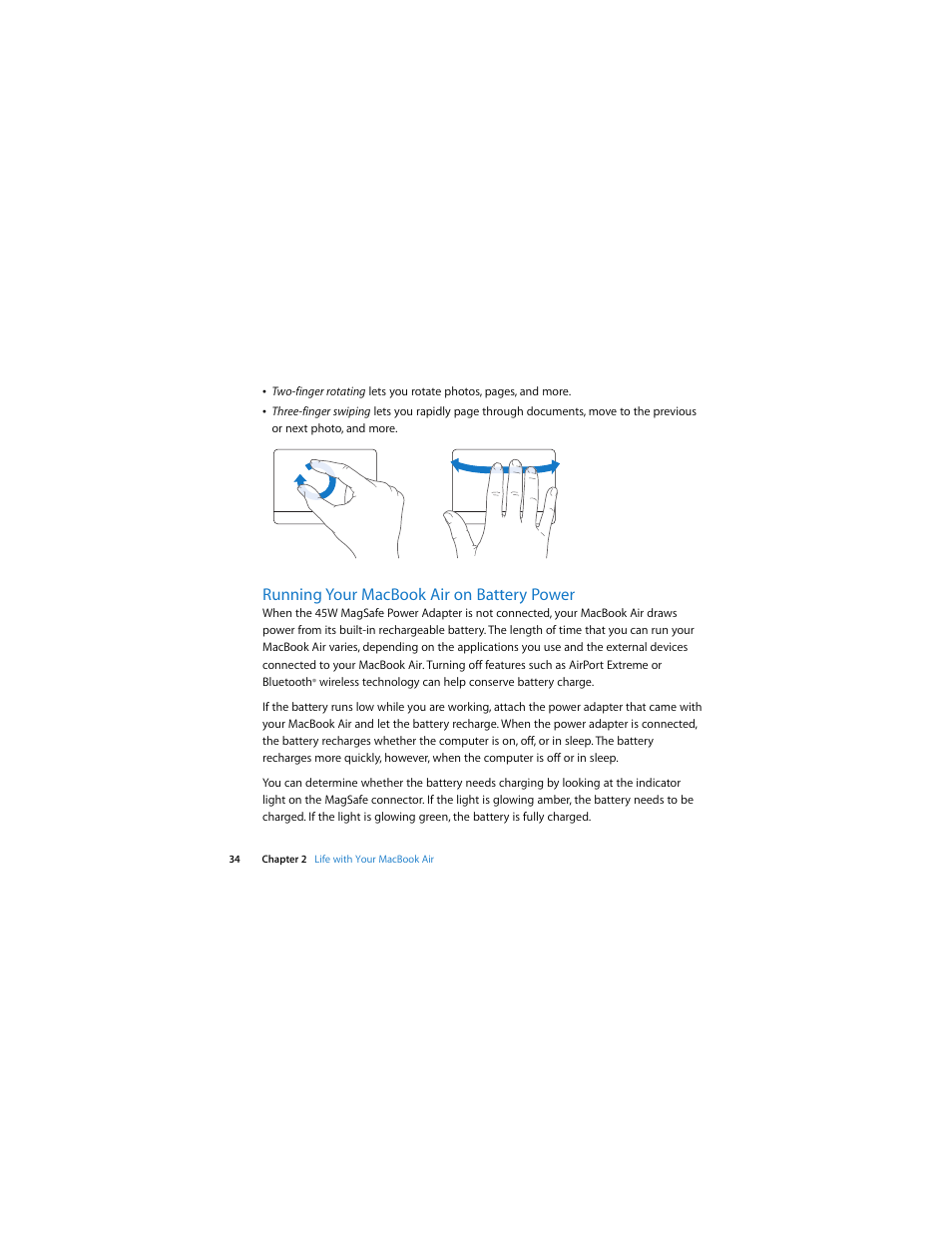 Running your macbookair on battery power, Running your macbook air on battery power | Apple MacBook Air User Manual | Page 34 / 76