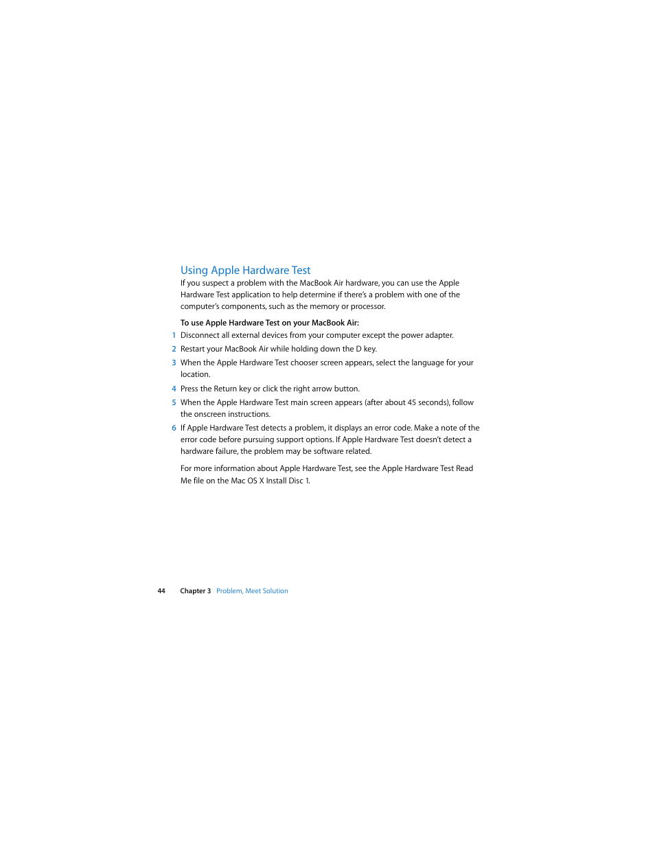 Using apple hardware test | Apple MacBook Air User Manual | Page 44 / 76