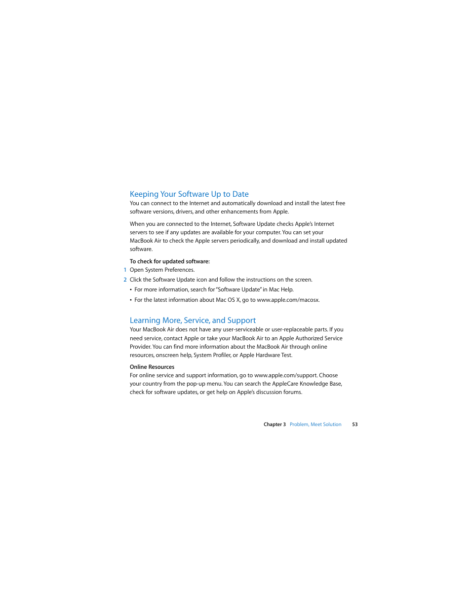 Keeping your software up to date, Learning more, service, and support | Apple MacBook Air User Manual | Page 53 / 76