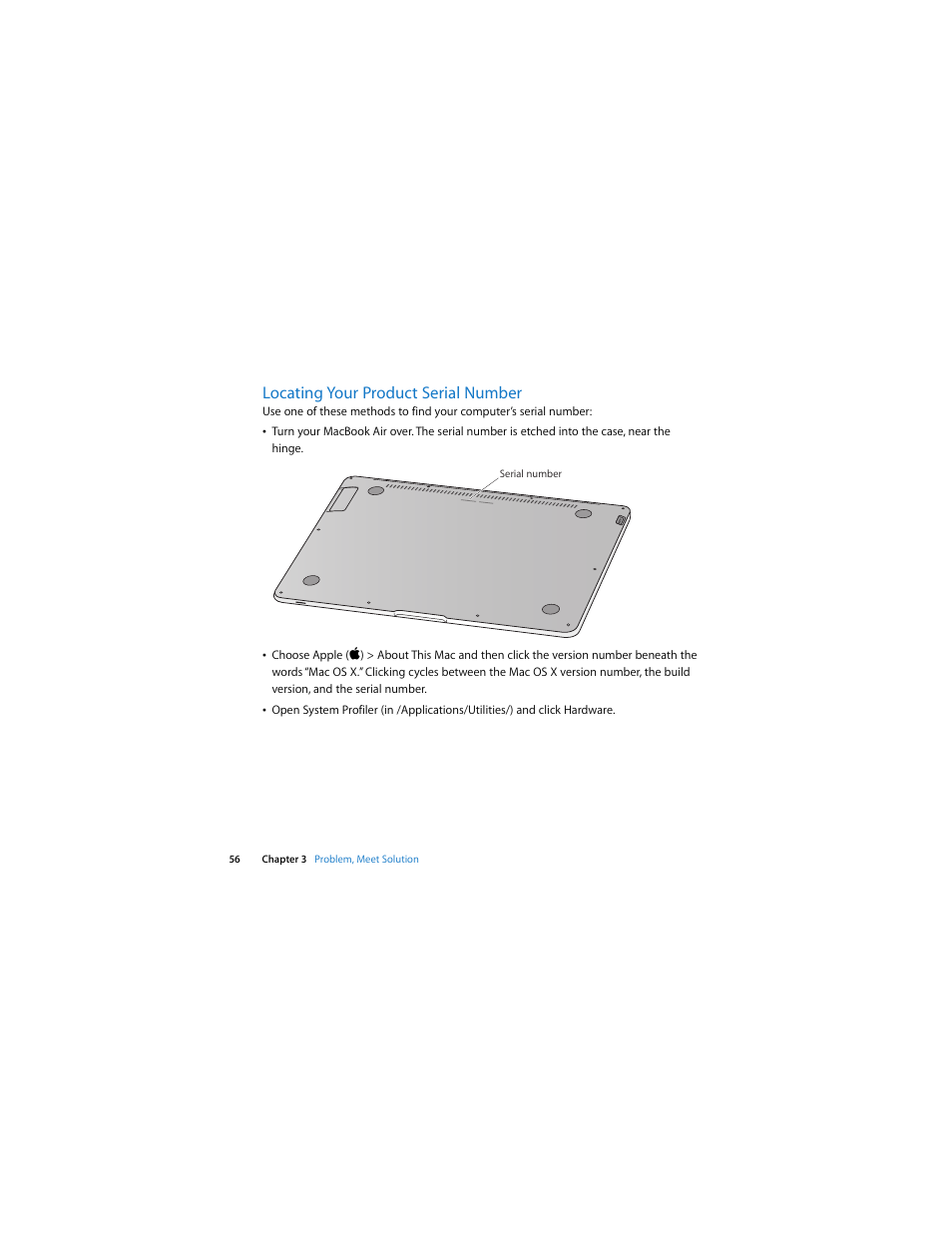 Locating your product serial number | Apple MacBook Air User Manual | Page 56 / 76