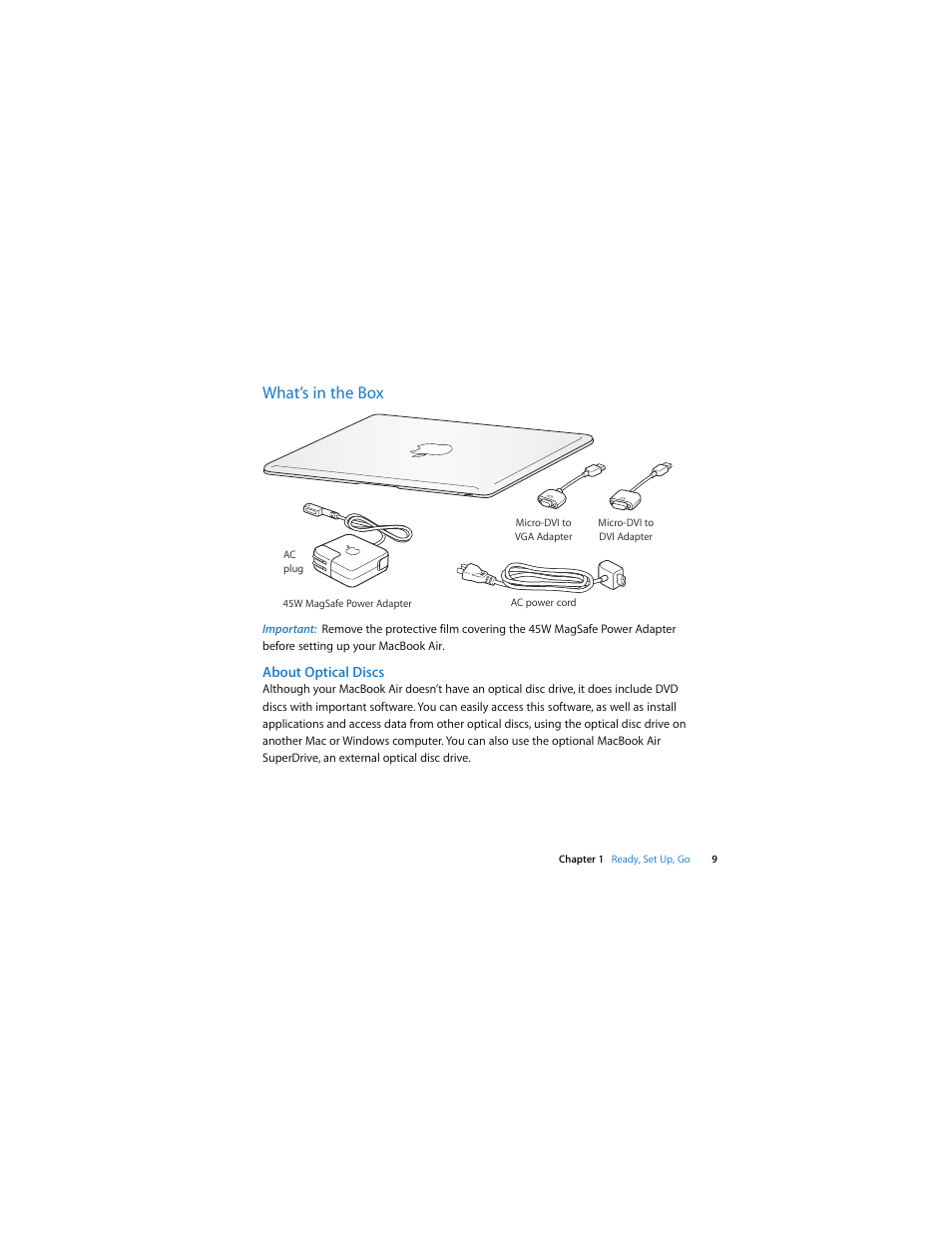 What’s in the box, About optical discs | Apple MacBook Air User Manual | Page 9 / 76