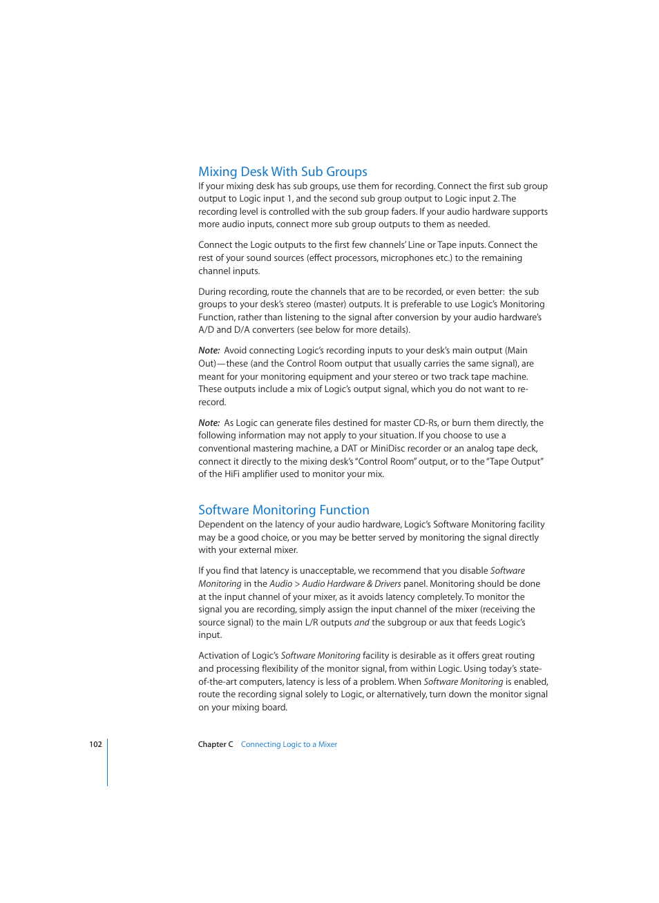 Mixing desk with sub groups, Software monitoring function | Apple Logic (1.1) User Manual | Page 102 / 133