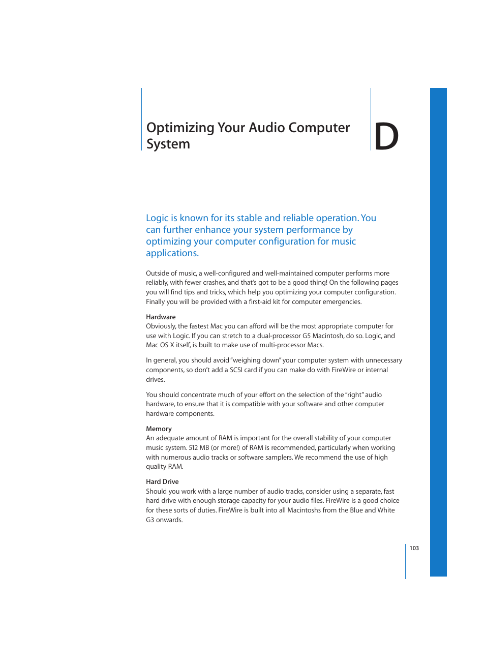 Optimizing your audio computer system | Apple Logic (1.1) User Manual | Page 103 / 133