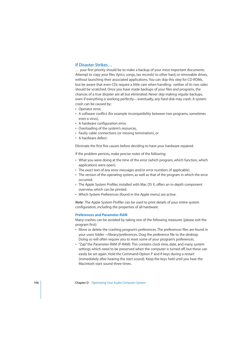 If disaster strikes, Preferences and parameter-ram | Apple Logic (1.1) User Manual | Page 106 / 133