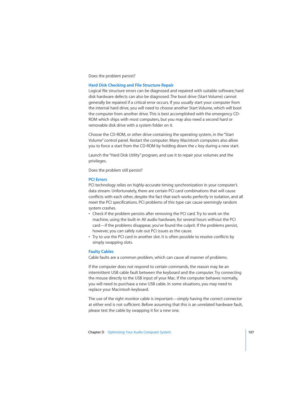 Hard disk checking and file structure repair, Pci errors, Faulty cables | Apple Logic (1.1) User Manual | Page 107 / 133