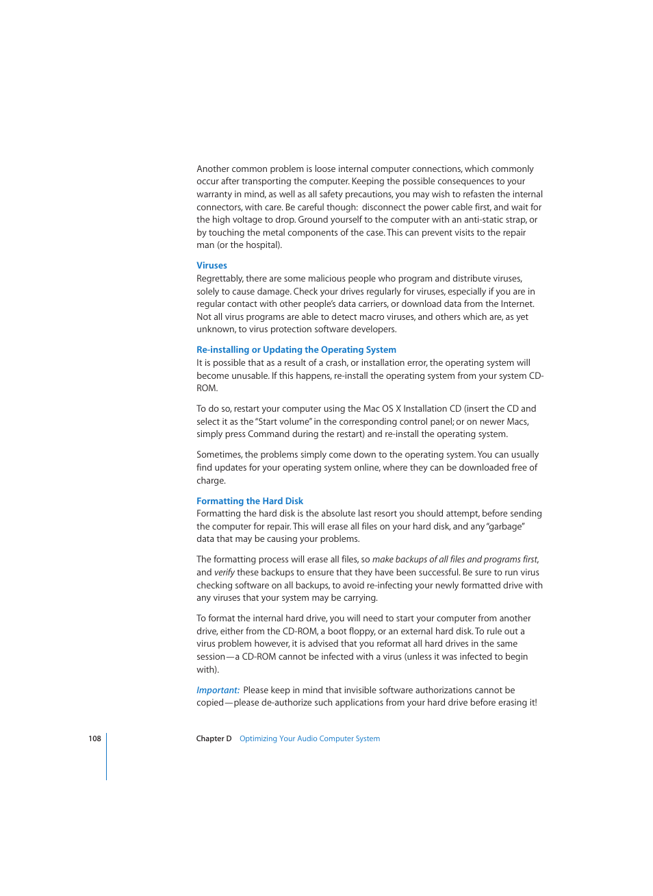 Viruses, Re-installing or updating the operating system, Formatting the hard disk | Apple Logic (1.1) User Manual | Page 108 / 133