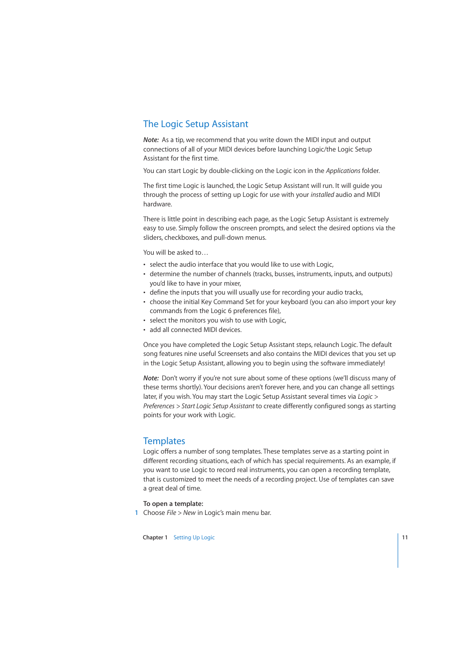 The logic setup assistant, Templates | Apple Logic (1.1) User Manual | Page 11 / 133