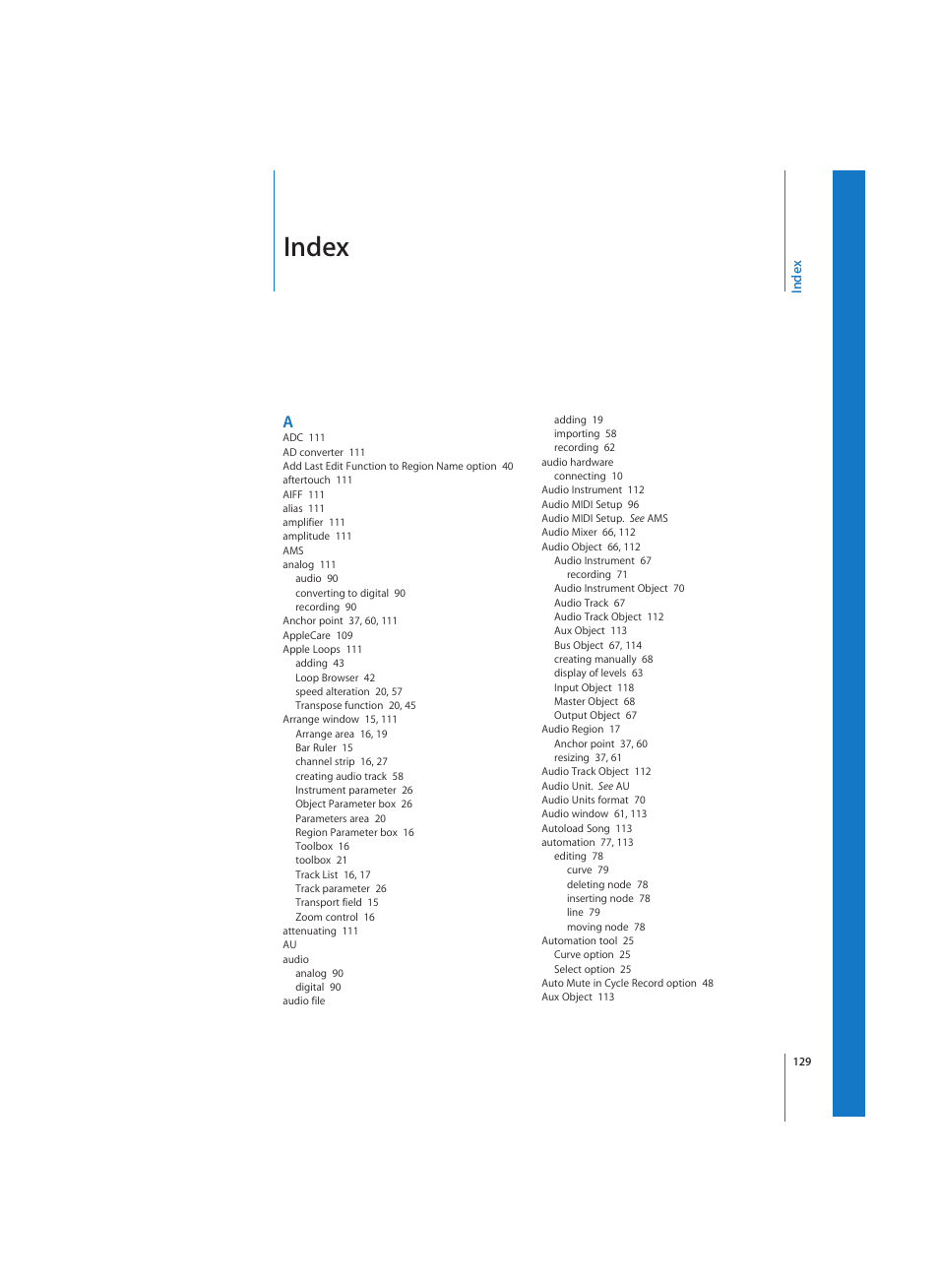 Index | Apple Logic (1.1) User Manual | Page 129 / 133