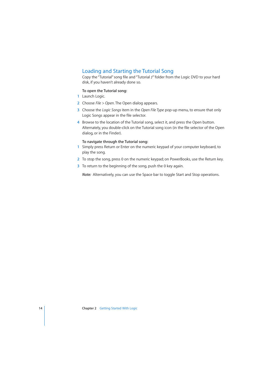 Loading and starting the tutorial song | Apple Logic (1.1) User Manual | Page 14 / 133