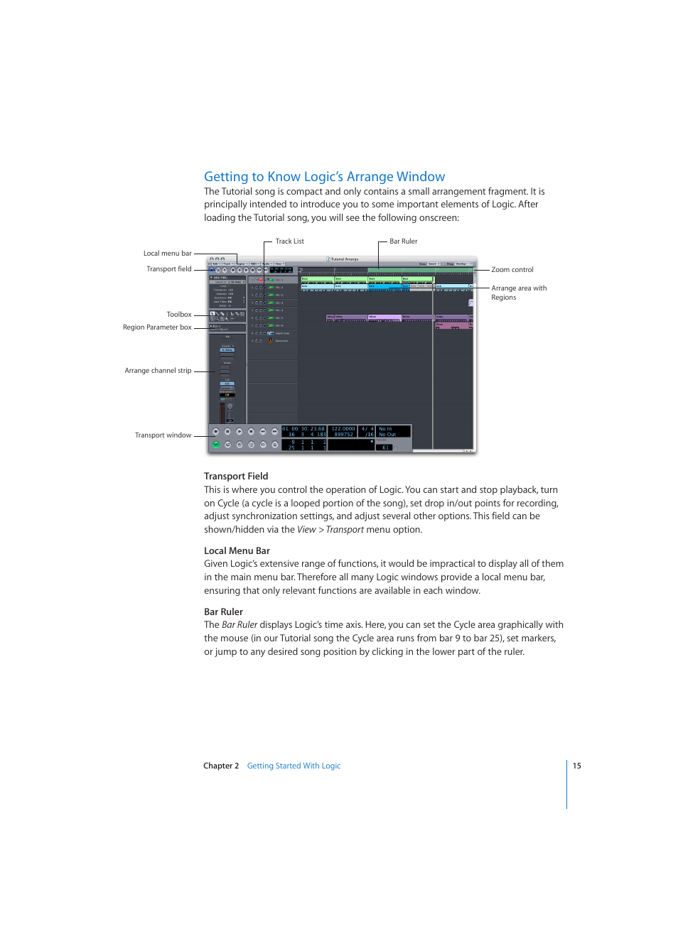 Getting to know logic’s arrange window | Apple Logic (1.1) User Manual | Page 15 / 133