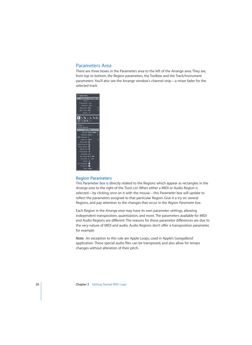 Parameters area, Region parameters | Apple Logic (1.1) User Manual | Page 20 / 133