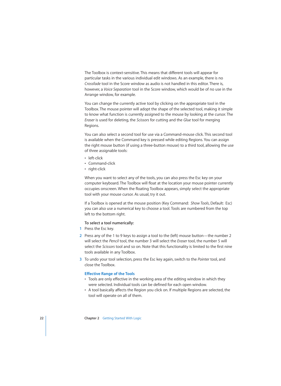 Effective range of the tools | Apple Logic (1.1) User Manual | Page 22 / 133