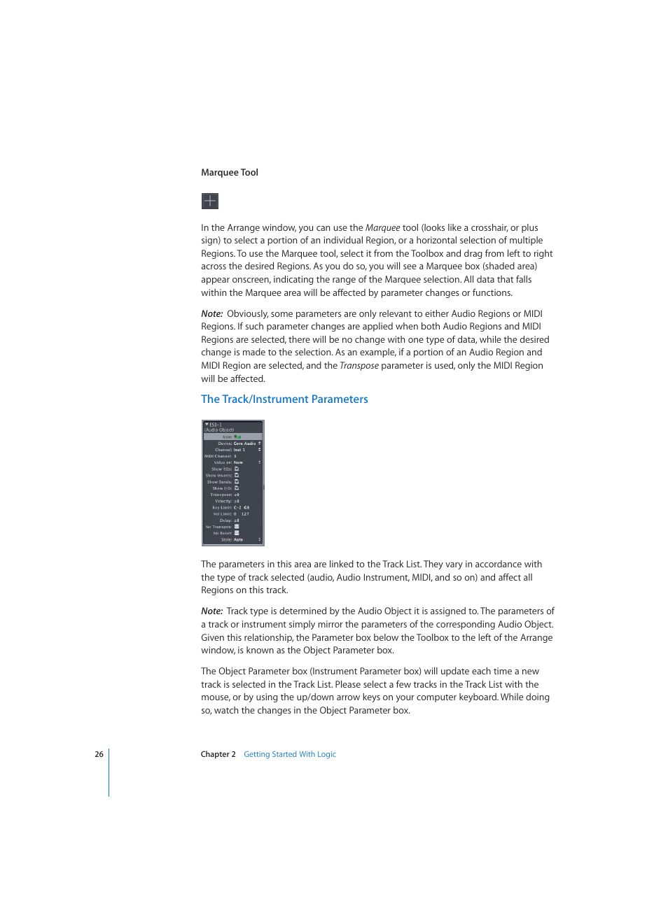 The track/instrument parameters | Apple Logic (1.1) User Manual | Page 26 / 133