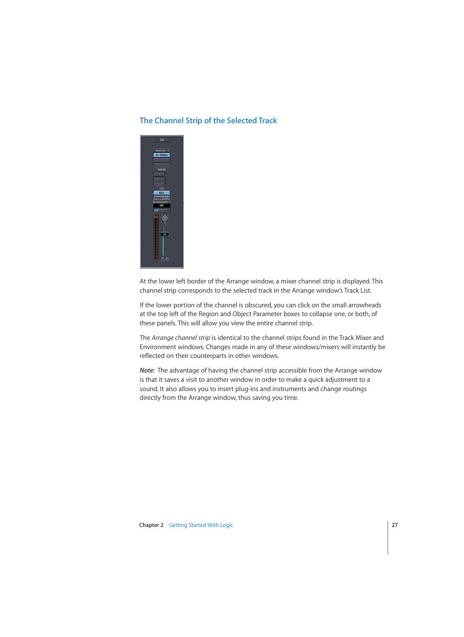 The channel strip of the selected track | Apple Logic (1.1) User Manual | Page 27 / 133