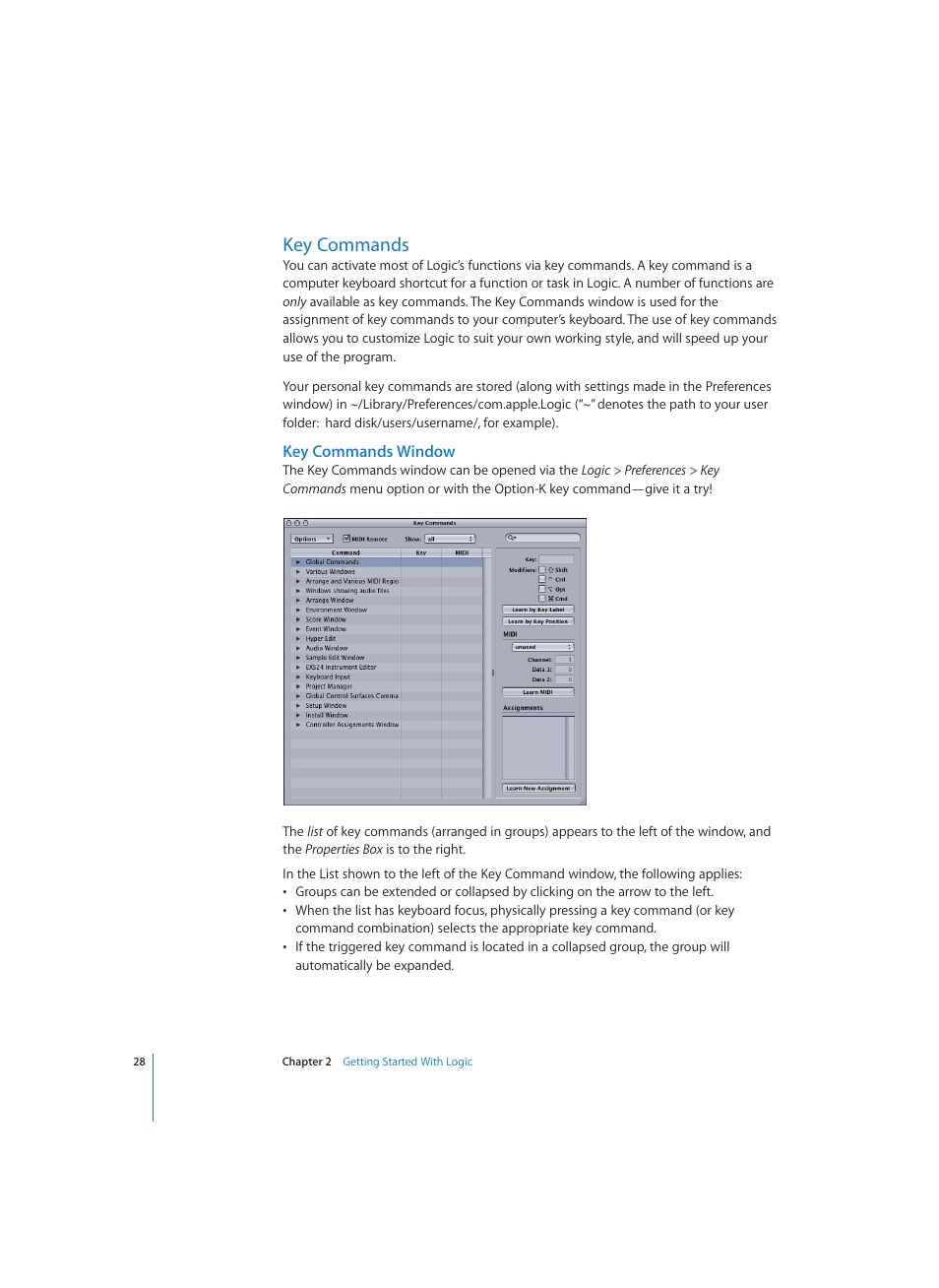 Key commands, Key commands window | Apple Logic (1.1) User Manual | Page 28 / 133