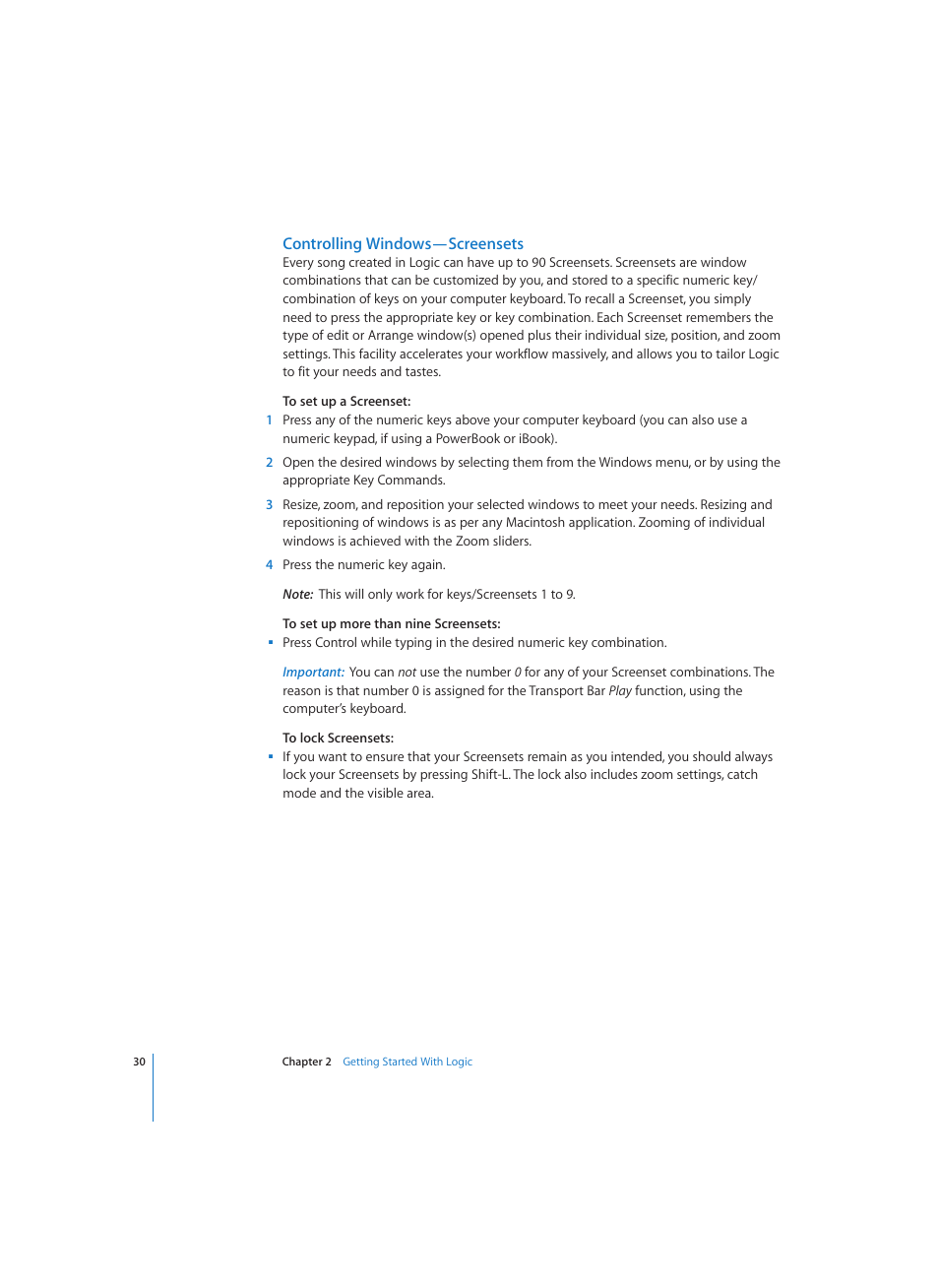 Controlling windows-screensets | Apple Logic (1.1) User Manual | Page 30 / 133