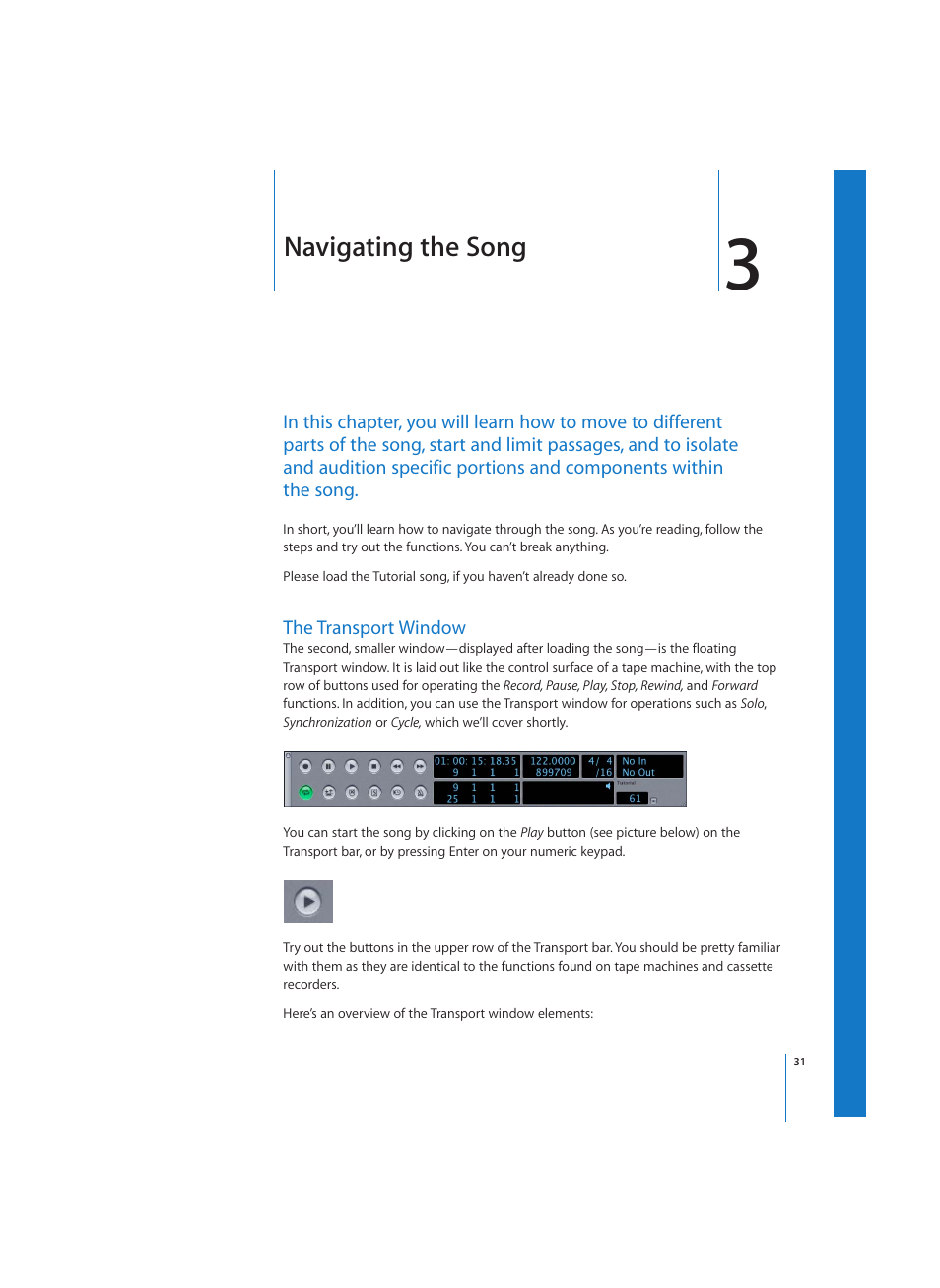 Navigating the song, The transport window | Apple Logic (1.1) User Manual | Page 31 / 133