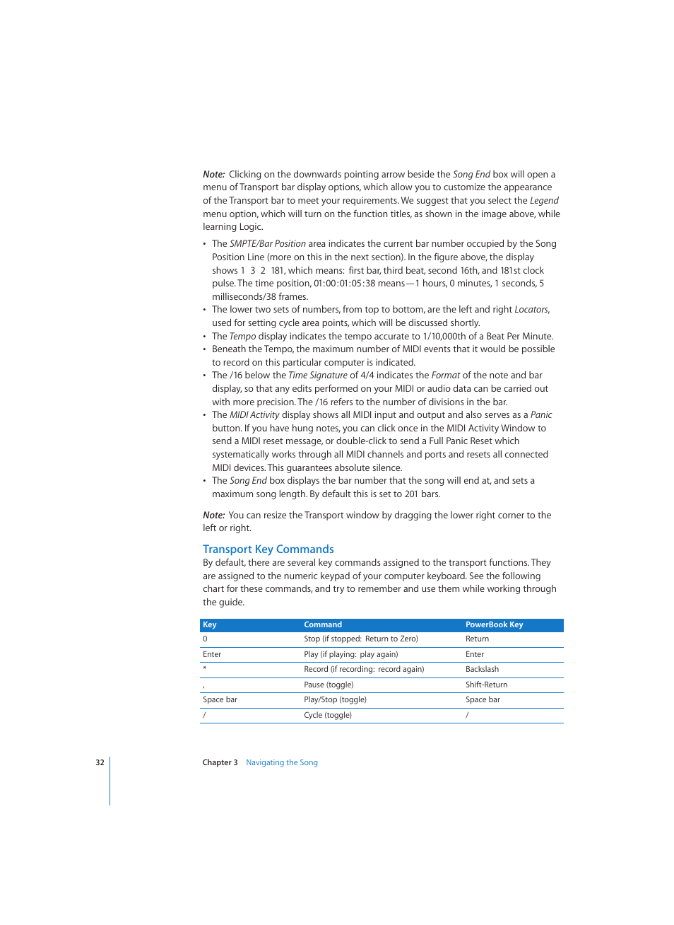 Transport key commands | Apple Logic (1.1) User Manual | Page 32 / 133