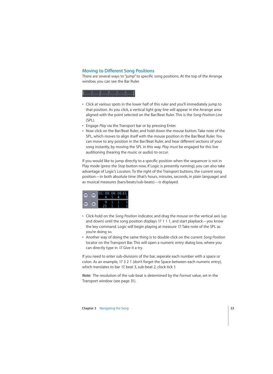 Moving to different song positions | Apple Logic (1.1) User Manual | Page 33 / 133