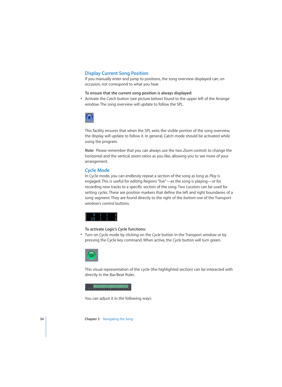 Display current song position, Cycle mode | Apple Logic (1.1) User Manual | Page 34 / 133