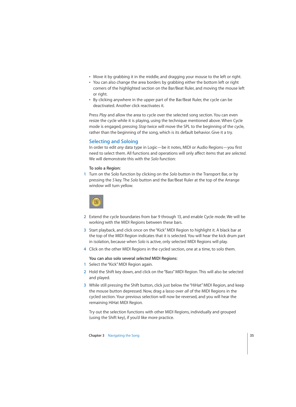 Selecting and soloing | Apple Logic (1.1) User Manual | Page 35 / 133