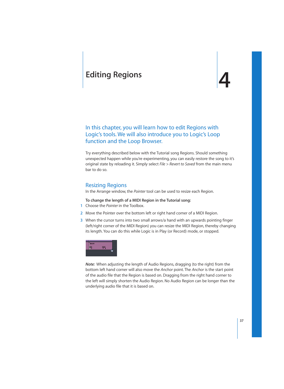 Editing regions, Resizing regions | Apple Logic (1.1) User Manual | Page 37 / 133