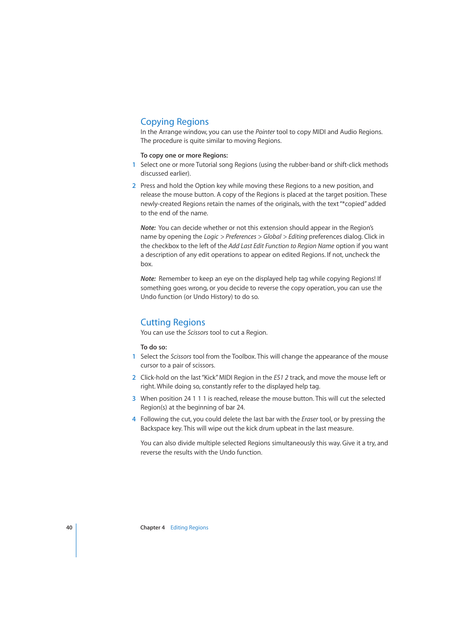 Copying regions, Cutting regions | Apple Logic (1.1) User Manual | Page 40 / 133