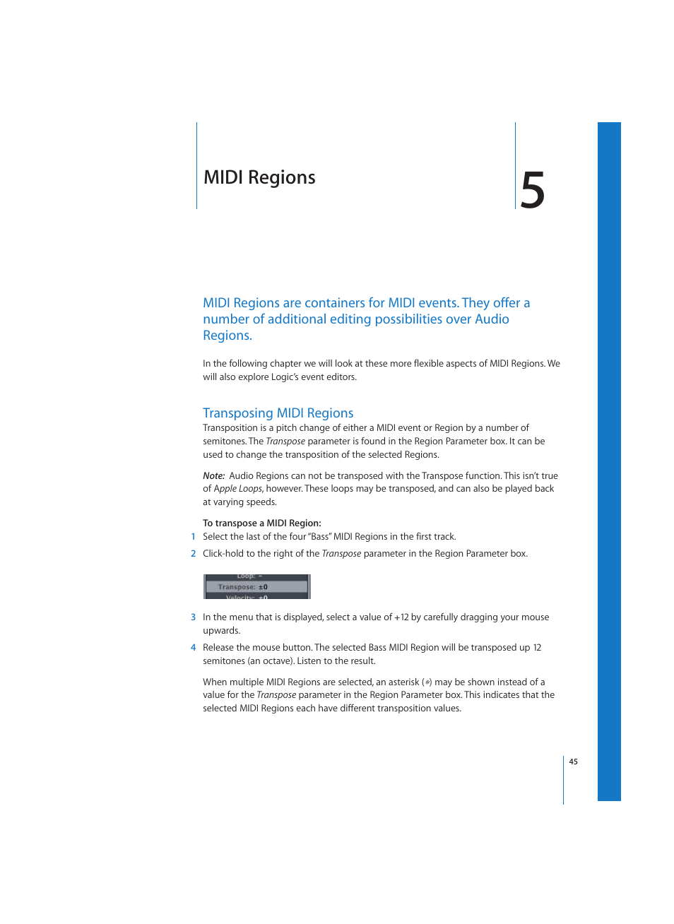 Midi regions, Transposing midi regions | Apple Logic (1.1) User Manual | Page 45 / 133