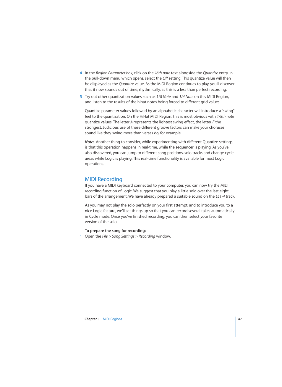 Midi recording | Apple Logic (1.1) User Manual | Page 47 / 133