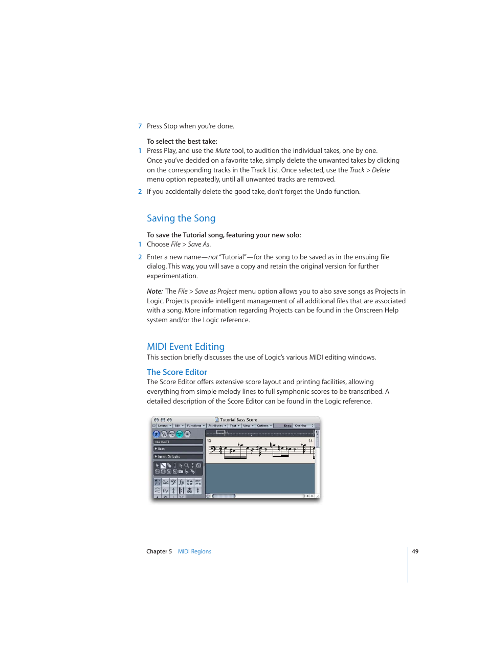 Saving the song, Midi event editing, The score editor | Apple Logic (1.1) User Manual | Page 49 / 133