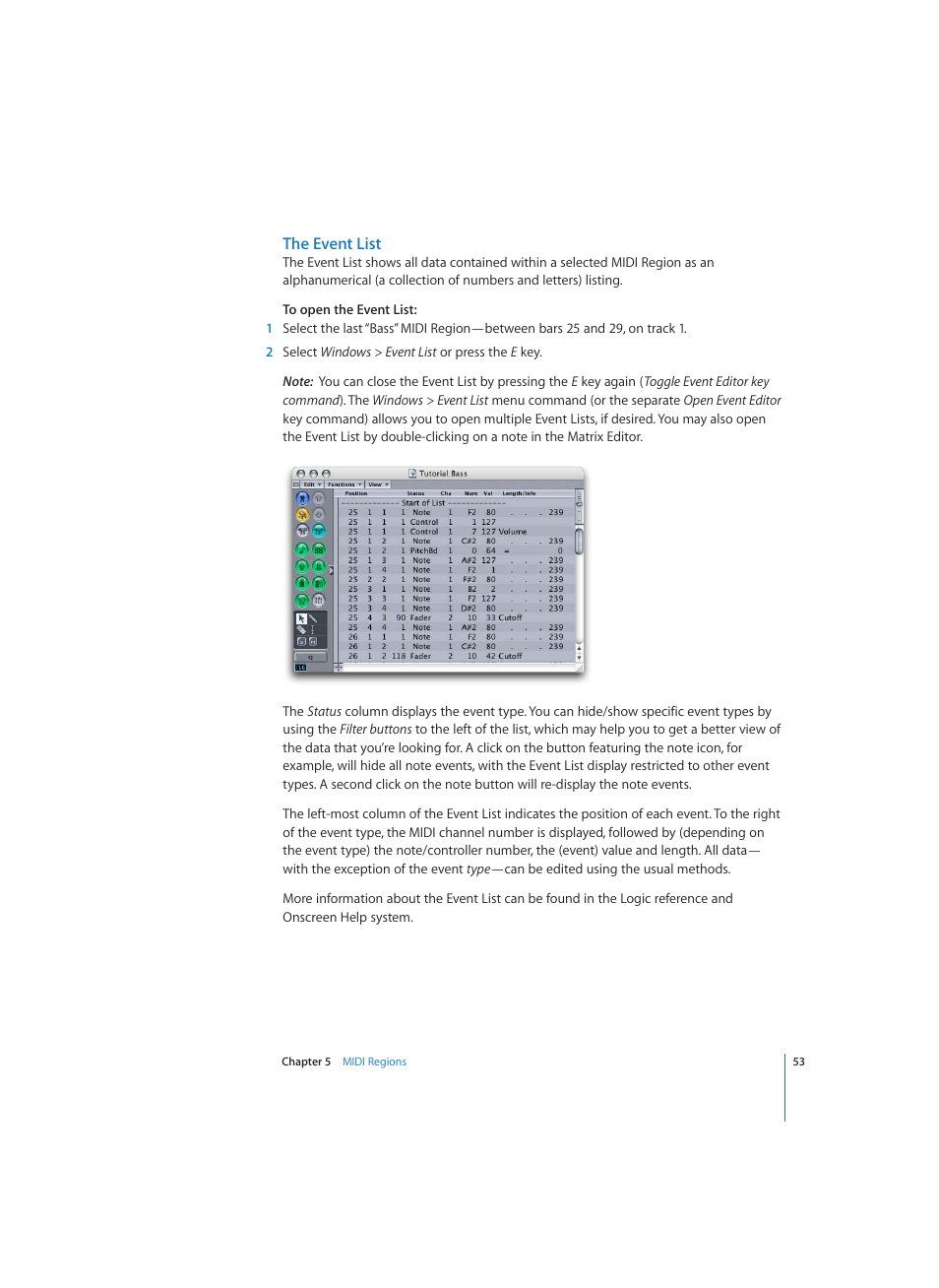 The event list | Apple Logic (1.1) User Manual | Page 53 / 133