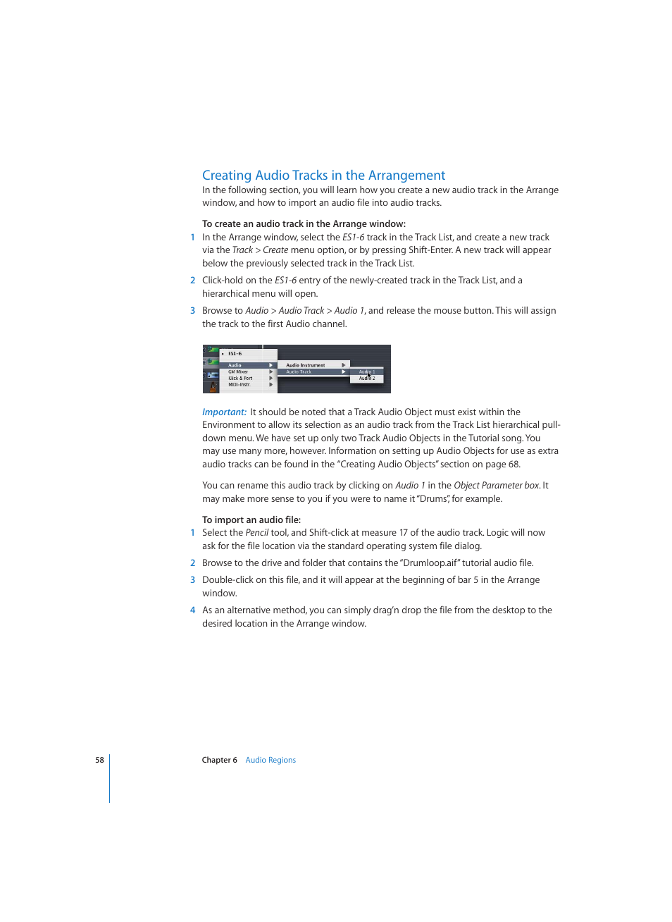 Creating audio tracks in the arrangement | Apple Logic (1.1) User Manual | Page 58 / 133