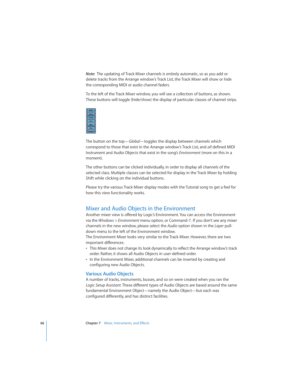 Mixer and audio objects in the environment, Various audio objects | Apple Logic (1.1) User Manual | Page 66 / 133