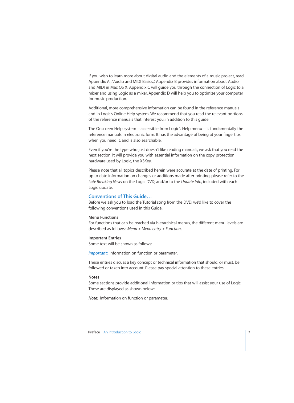 Conventions of this guide | Apple Logic (1.1) User Manual | Page 7 / 133