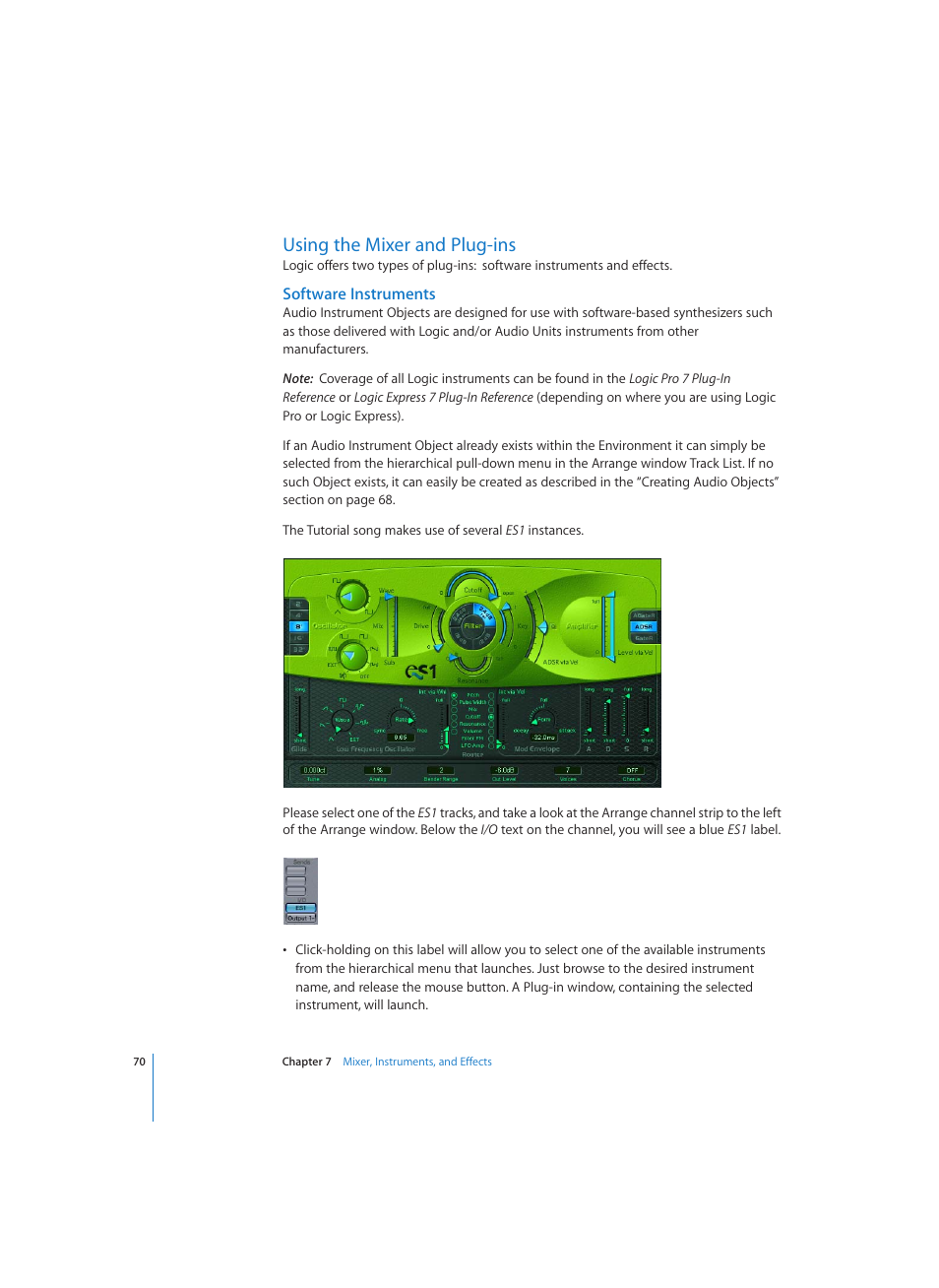 Using the mixer and plug-ins, Software instruments | Apple Logic (1.1) User Manual | Page 70 / 133