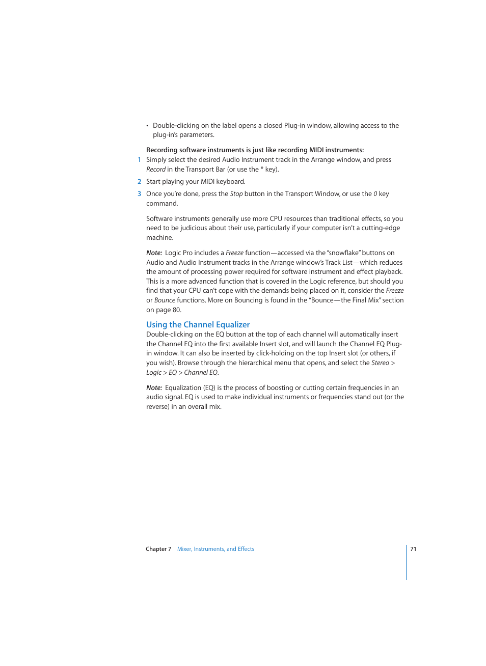 Using the channel equalizer | Apple Logic (1.1) User Manual | Page 71 / 133