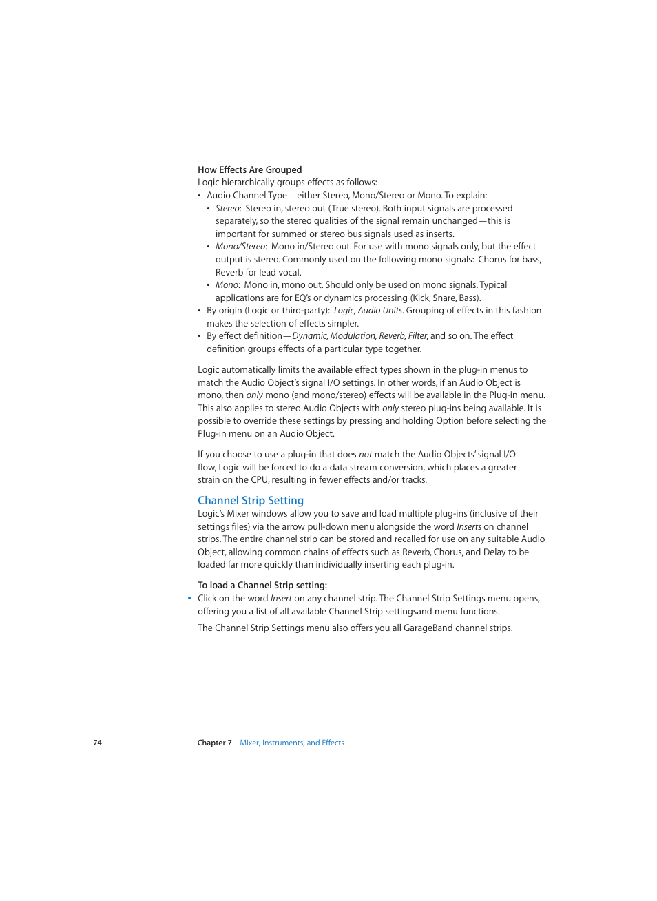 Channel strip setting | Apple Logic (1.1) User Manual | Page 74 / 133
