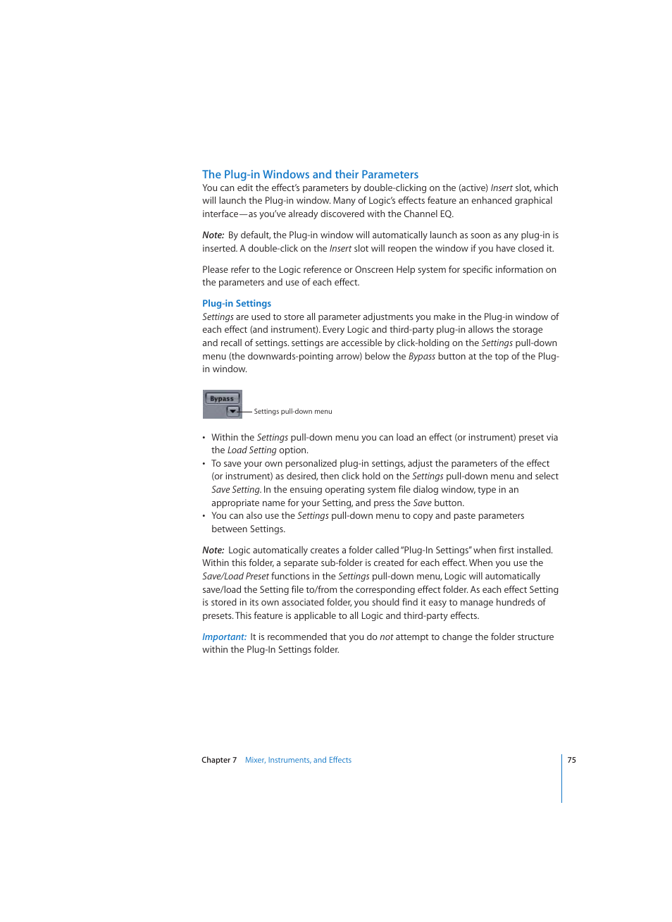 The plug-in windows and their parameters, Plug-in settings | Apple Logic (1.1) User Manual | Page 75 / 133