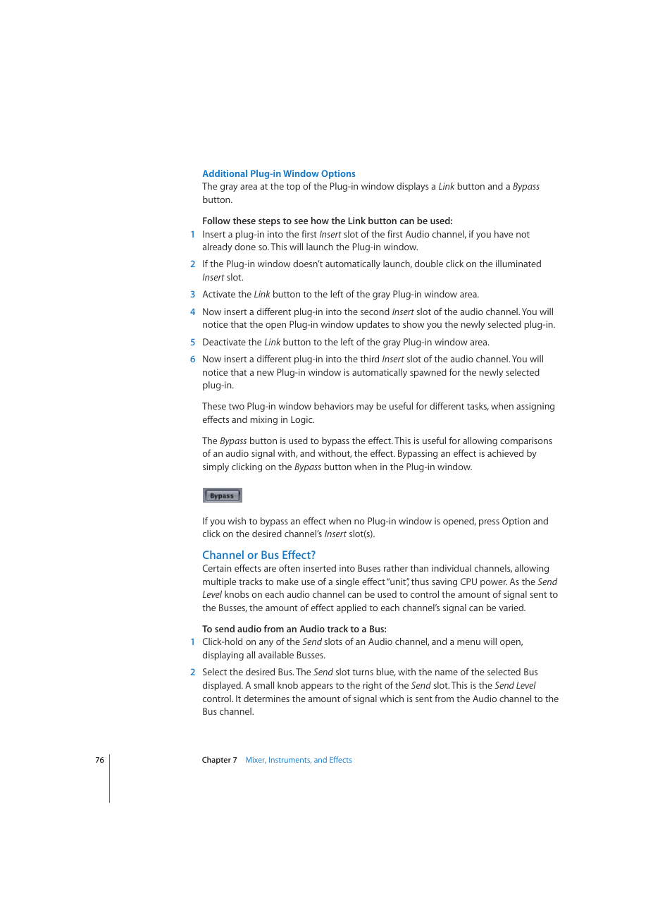 Additional plug-in window options, Channel or bus effect | Apple Logic (1.1) User Manual | Page 76 / 133