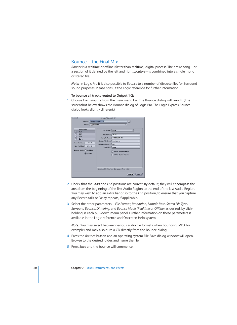 Bounce-the final mix, Bounce—the final mix | Apple Logic (1.1) User Manual | Page 80 / 133