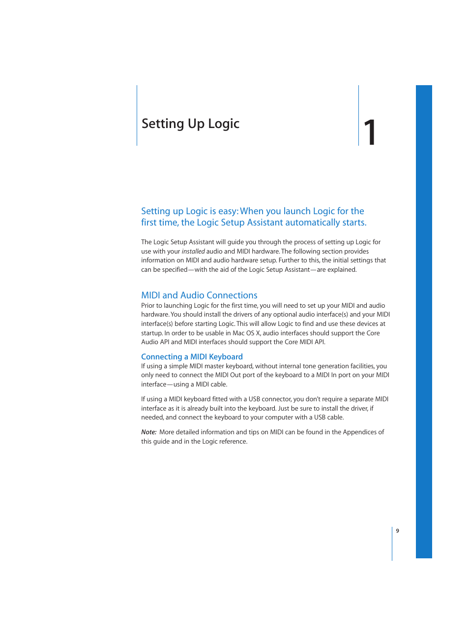 Setting up logic, Midi and audio connections, Connecting a midi keyboard | Apple Logic (1.1) User Manual | Page 9 / 133