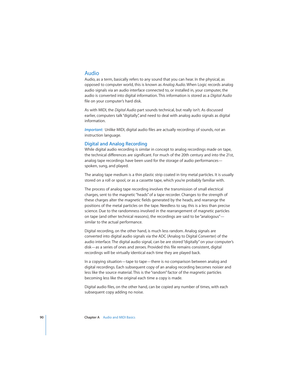 Audio, Digital and analog recording | Apple Logic (1.1) User Manual | Page 90 / 133