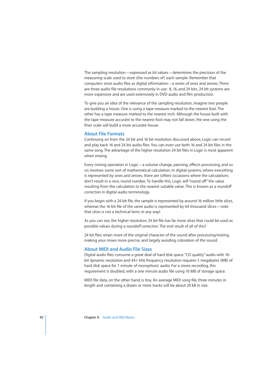 About file formats, About midi and audio file sizes | Apple Logic (1.1) User Manual | Page 92 / 133