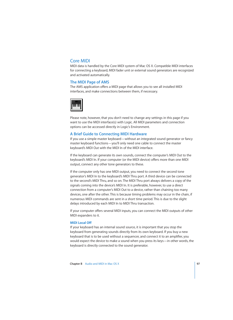 Core midi, A brief guide to connecting midi hardware, Midi local off | Apple Logic (1.1) User Manual | Page 97 / 133