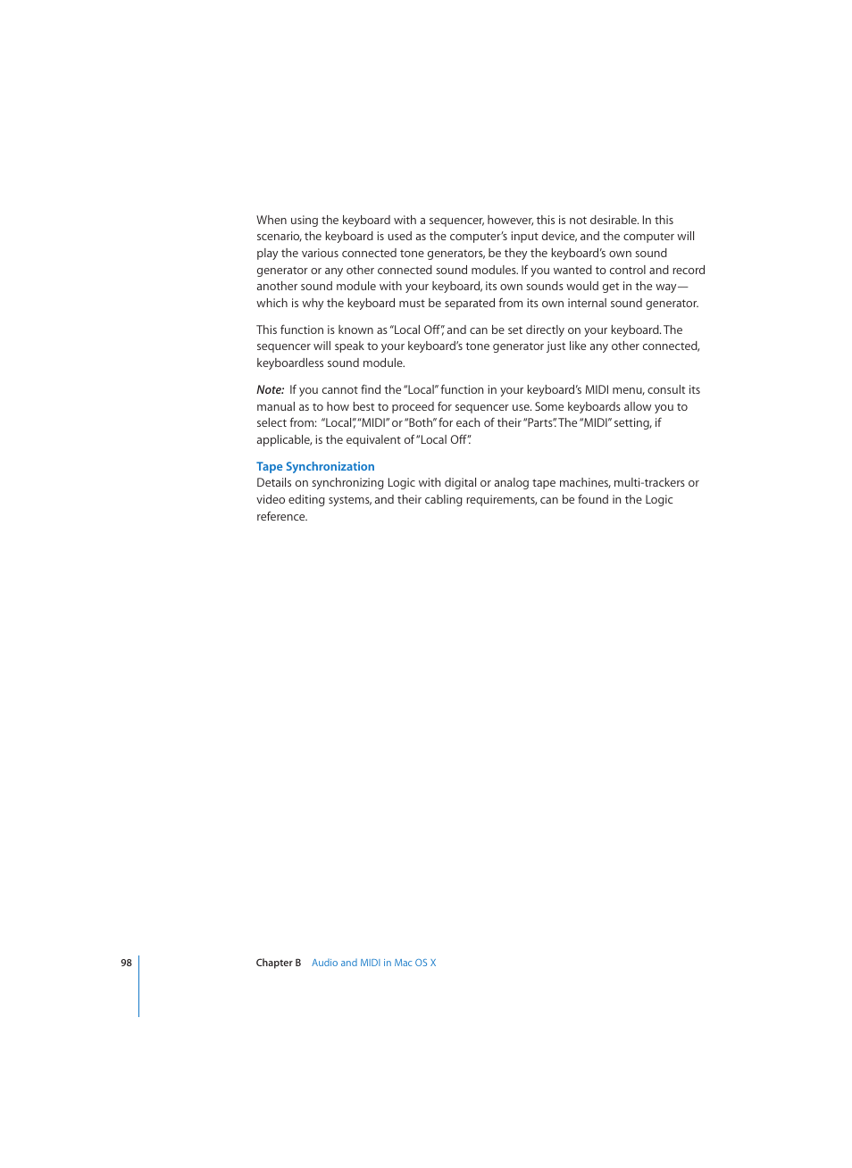 Tape synchronization | Apple Logic (1.1) User Manual | Page 98 / 133