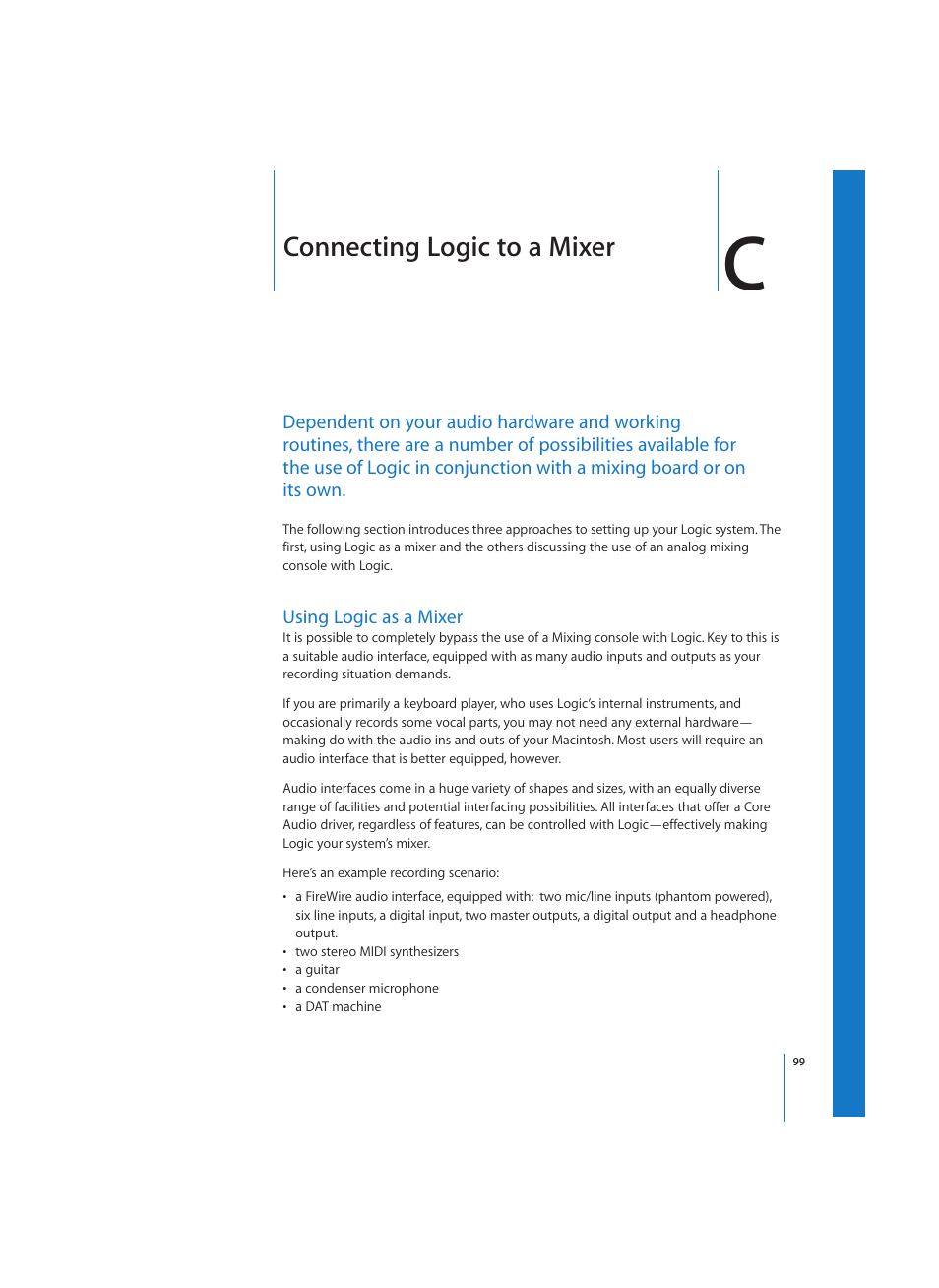 Connecting logic to a mixer, Using logic as a mixer | Apple Logic (1.1) User Manual | Page 99 / 133