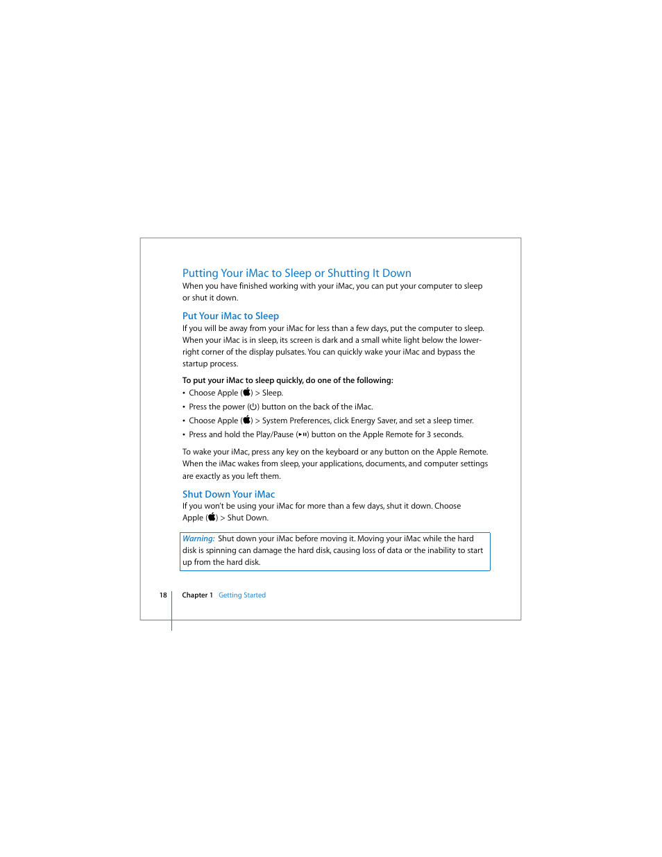 Putting your imac to sleep or shutting it down, Put your imac to sleep, Shut down your imac | Apple iMac (Early 2006) User Manual | Page 18 / 120