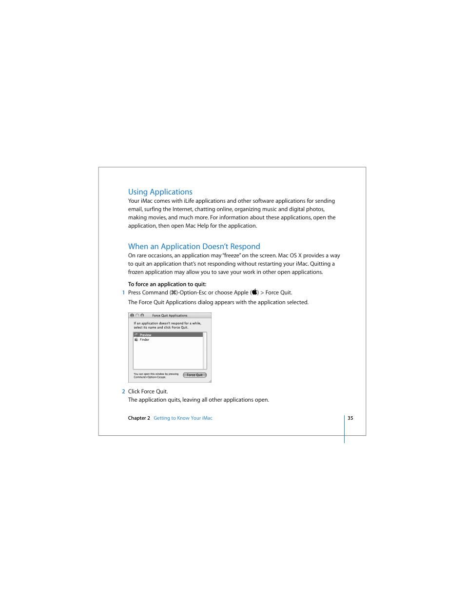 Using applications, When an application doesn’t respond | Apple iMac (Early 2006) User Manual | Page 35 / 120