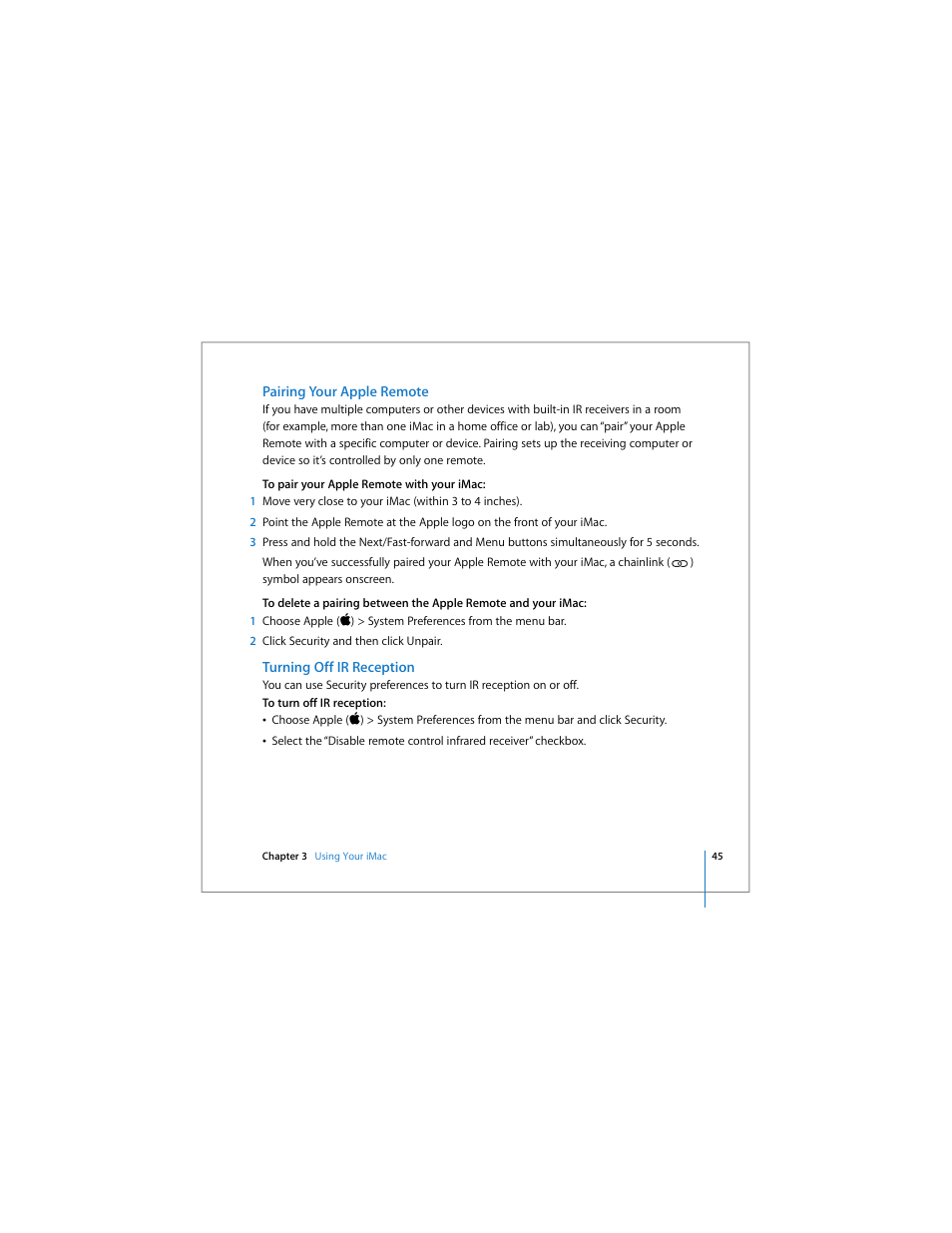 Pairing your apple remote, Turning off ir reception | Apple iMac (Early 2006) User Manual | Page 45 / 120